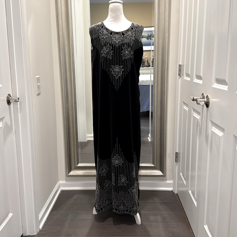 April Cornell Vintage Velvet Black Beaded Sleeveless Maxi Dress Size M/L